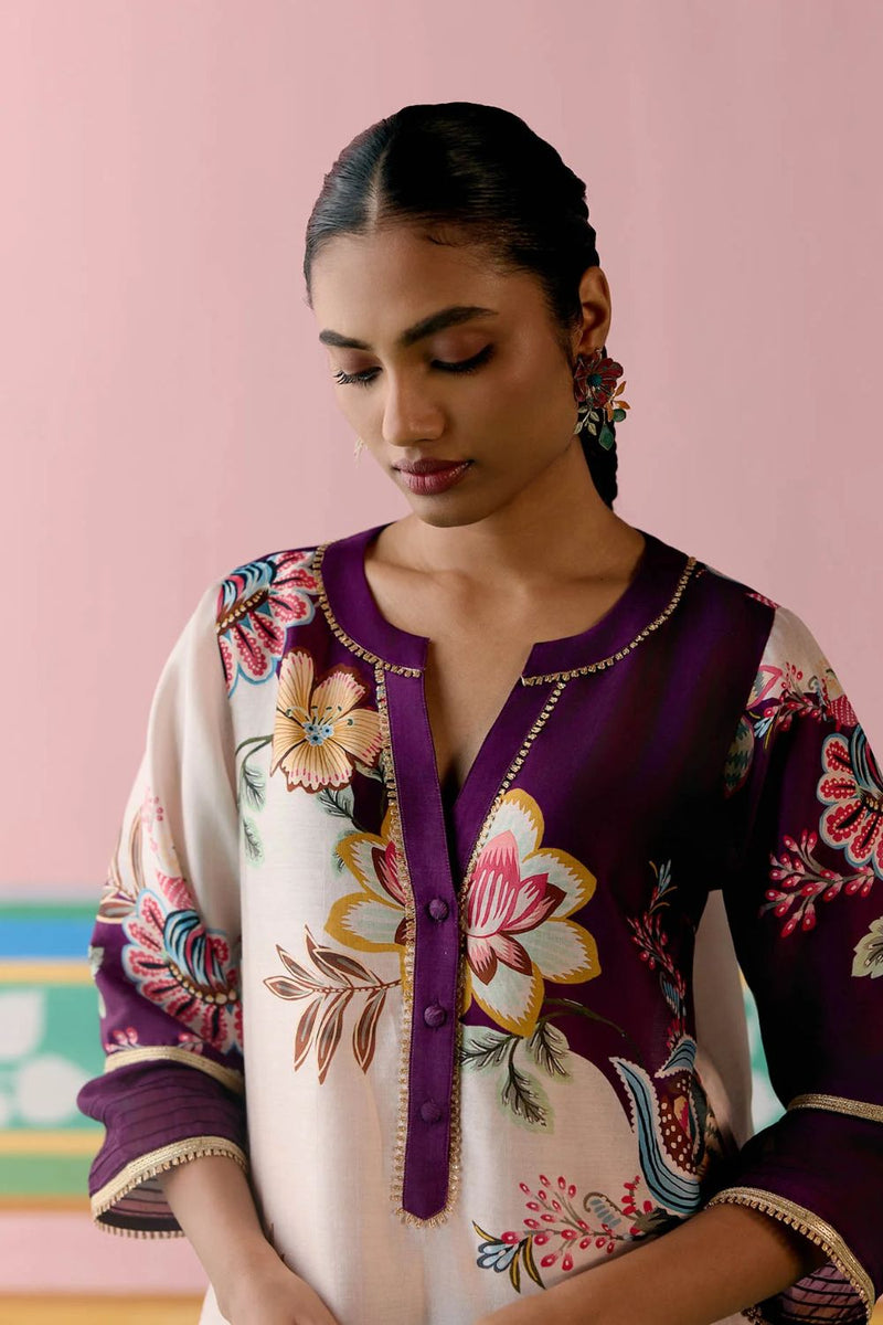 Purple Floral V-neck Kurta Set chanderi by Label Mogra in purple color for women Worldwide