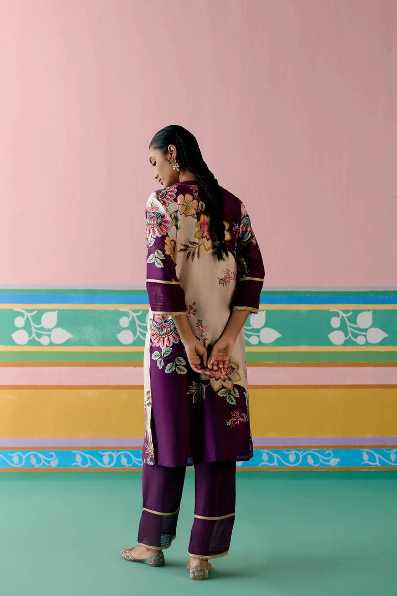 Purple Floral V-neck Kurta Set chanderi by Label Mogra in purple color for women Worldwide