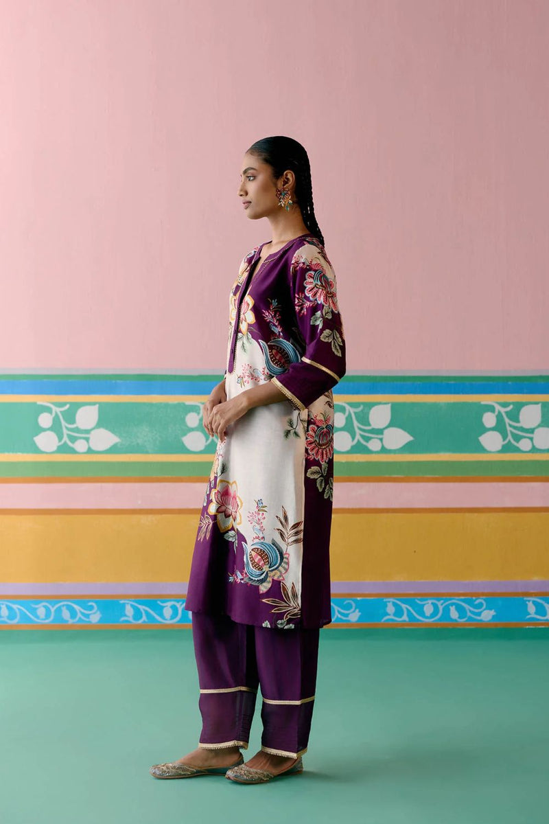 Purple Floral V-neck Kurta Set chanderi by Label Mogra in purple color for women Worldwide