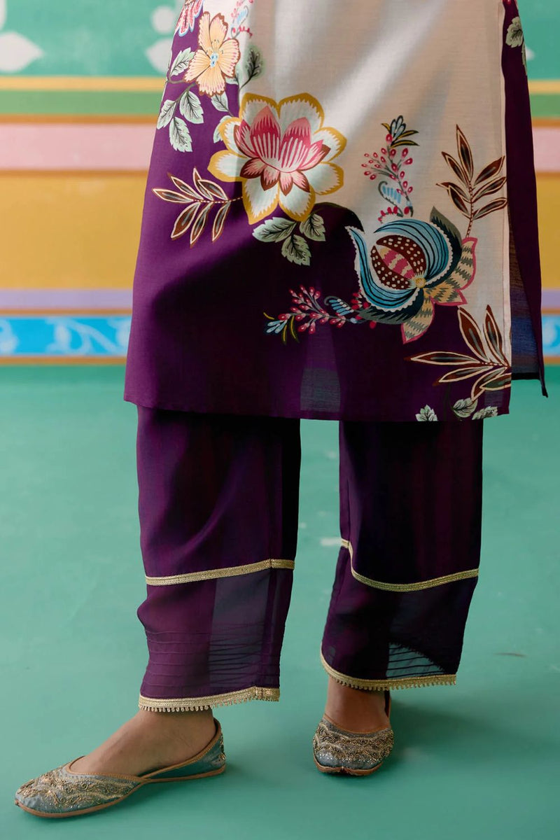 Purple Floral V-neck Kurta Set chanderi by Label Mogra in purple color for women Worldwide