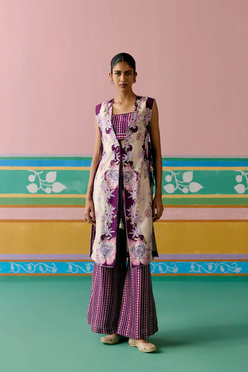 Purple Ikat Jacket Set chanderi by Label Mogra in purple color for women Worldwide