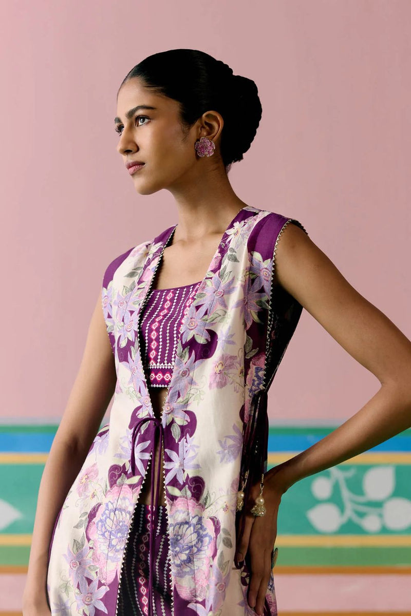 Purple Ikat Jacket Set chanderi by Label Mogra in purple color for women Worldwide