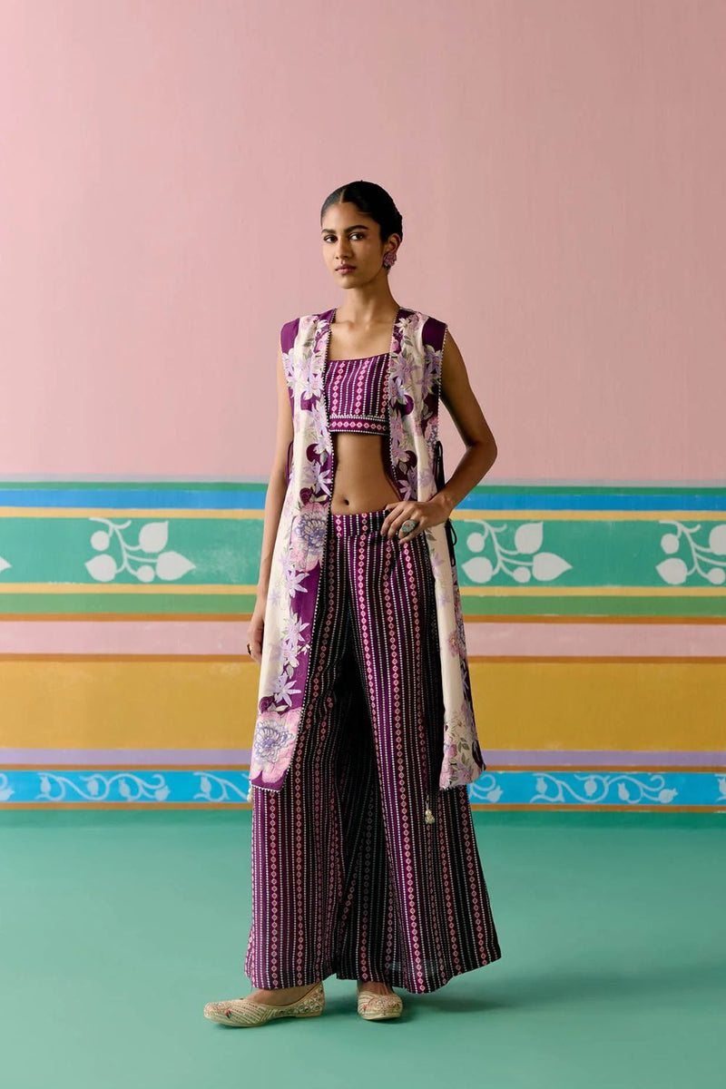 Purple Ikat Jacket Set chanderi by Label Mogra in purple color for women Worldwide