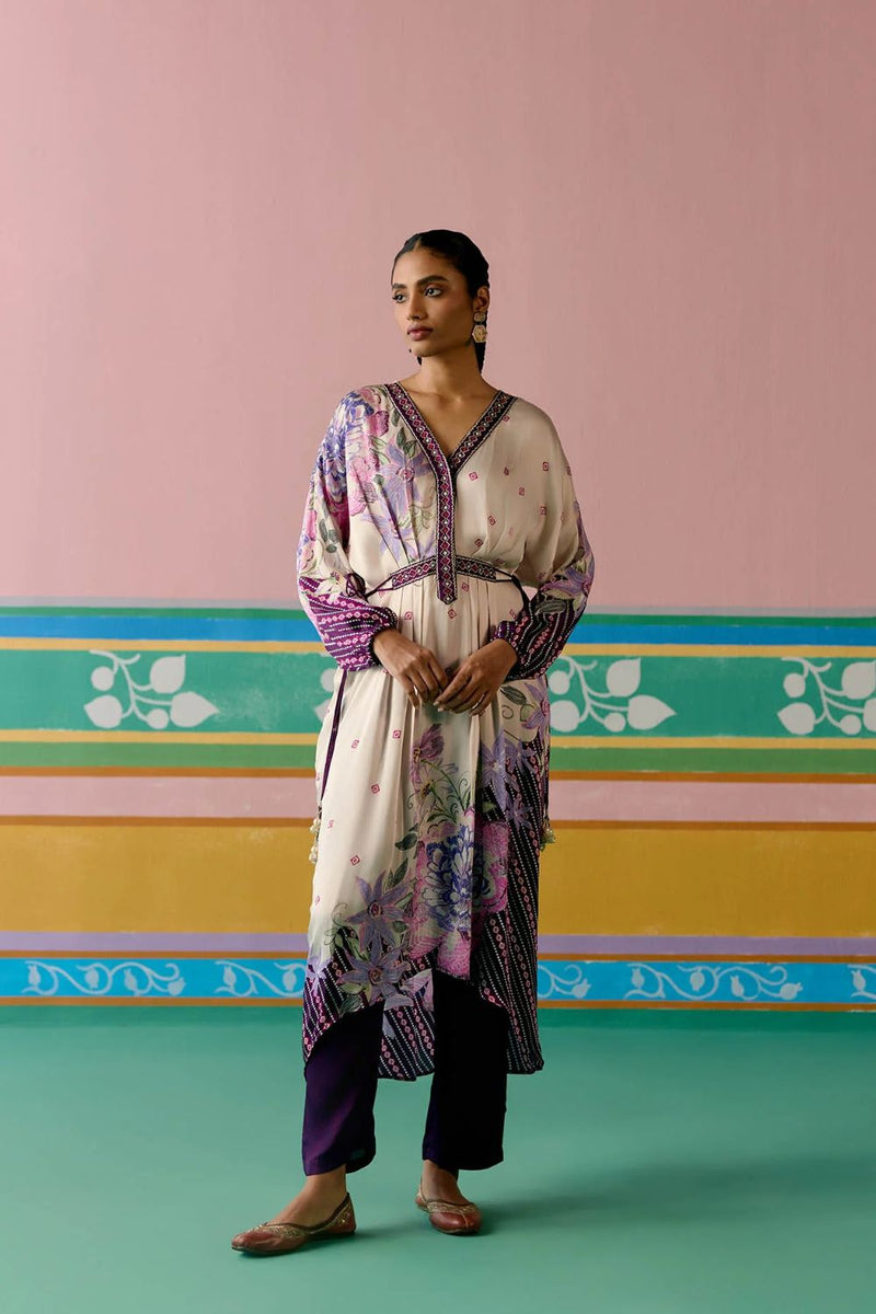 Purple Ikat Kaftan Set (Long) satin by Label Mogra in purple color for women Worldwide