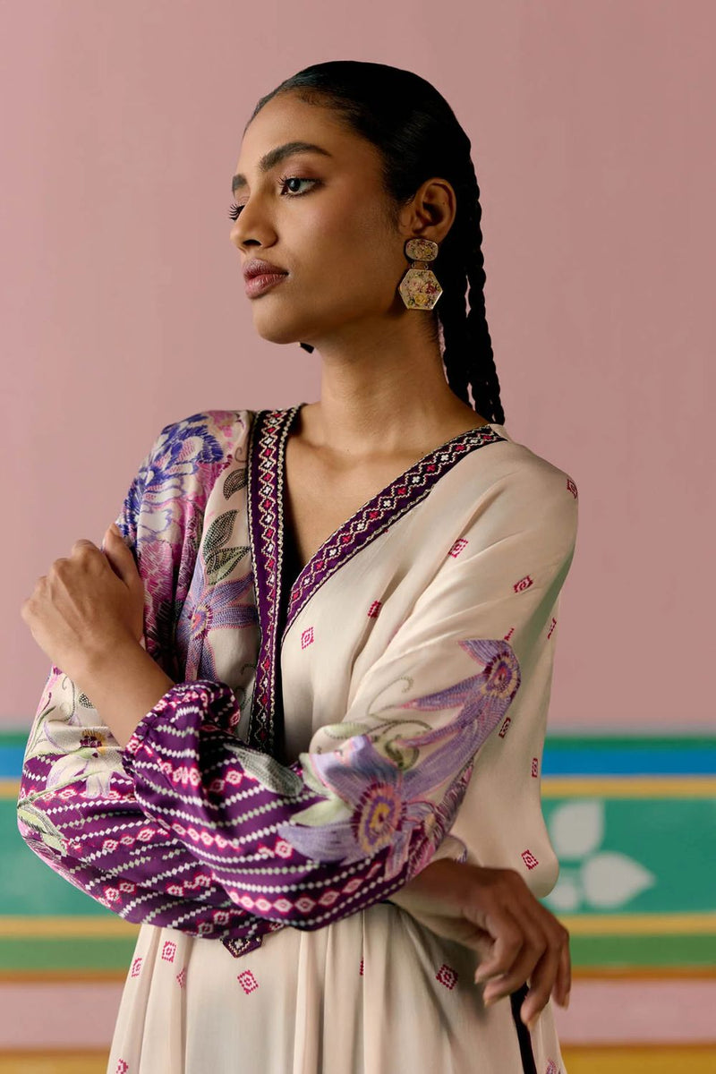 Purple Ikat Kaftan Set (Long) satin by Label Mogra in purple color for women Worldwide