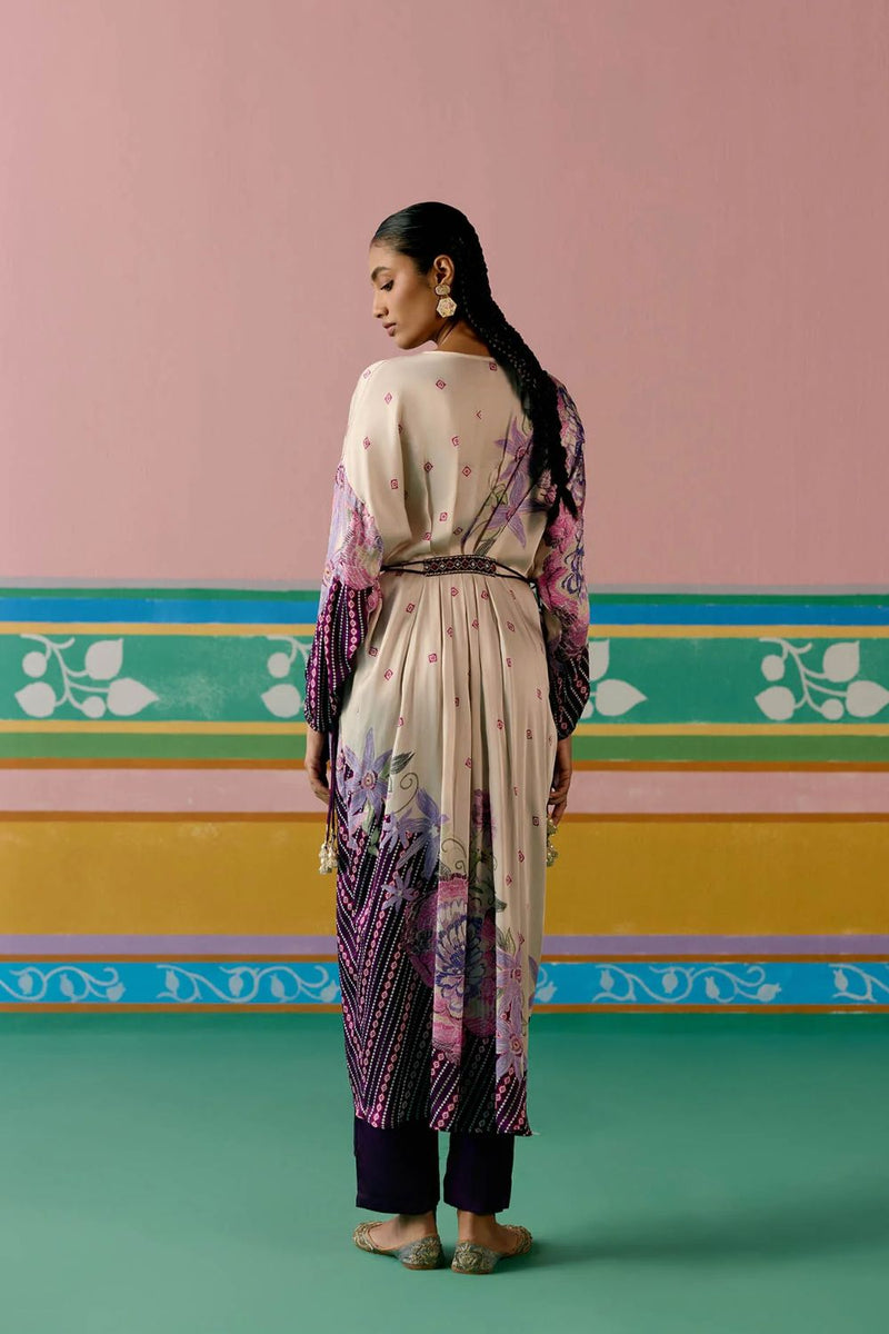 Purple Ikat Kaftan Set (Long) satin by Label Mogra in purple color for women Worldwide