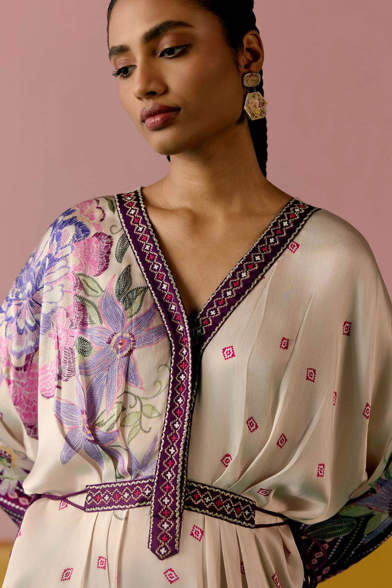Purple Ikat Kaftan Set (Long) satin by Label Mogra in purple color for women Worldwide