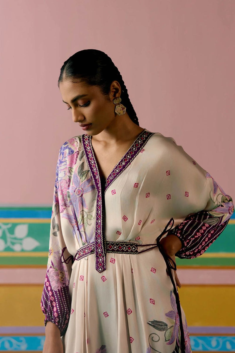 Purple Ikat Kaftan Set (Long) satin by Label Mogra in purple color for women Worldwide