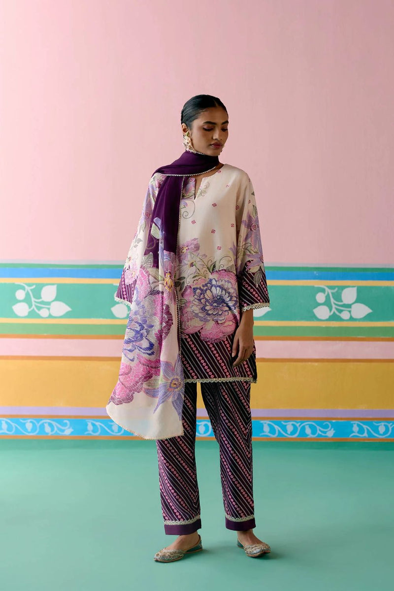 Purple Ikkat Kurta Set chanderi by Label Mogra in purple color for women Worldwide
