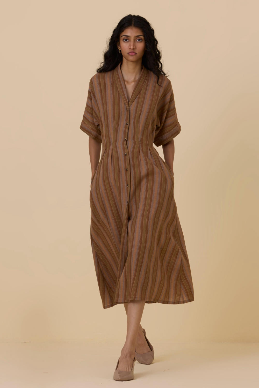 Qirat Brown Striped Midi Dress