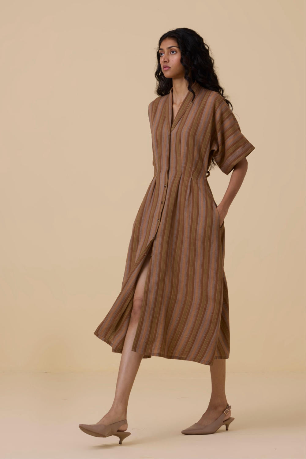 Qirat Brown Striped Midi Dress