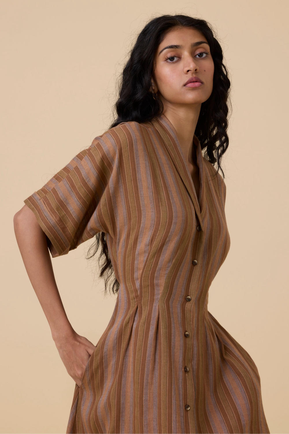 Qirat Brown Striped Midi Dress