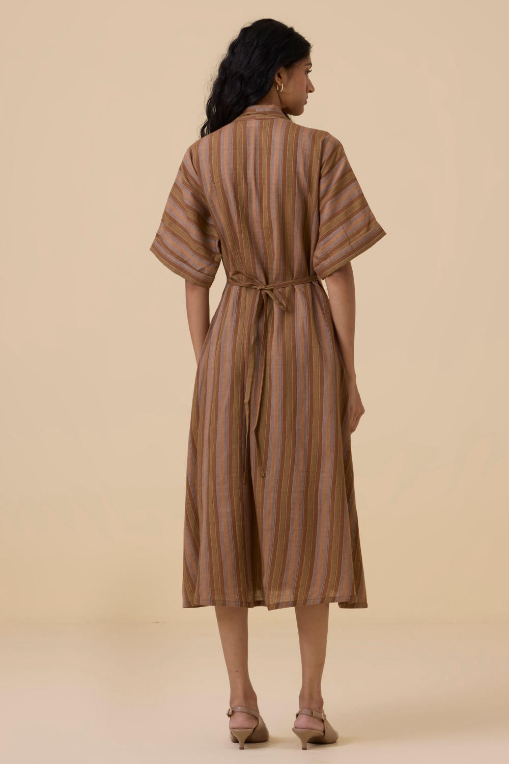 Qirat Brown Striped Midi Dress