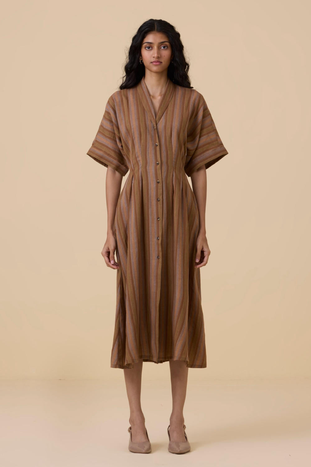 Qirat Brown Striped Midi Dress