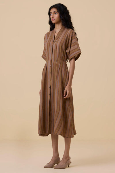 Qirat Brown Striped Midi Dress