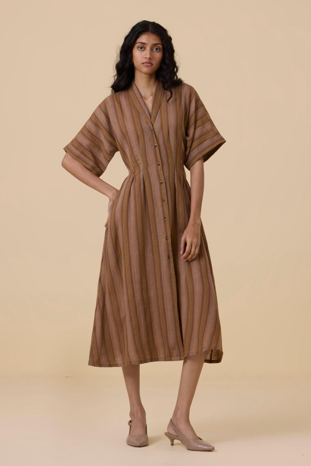 Qirat Brown Striped Midi Dress