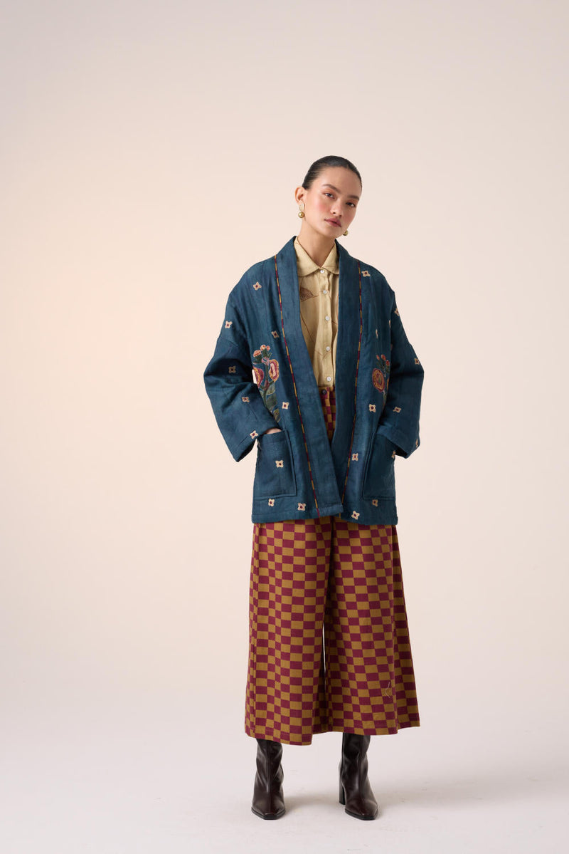 QUILTED FRONT OPEN JACKET-DARK BLUE FLOWER APPLIQUE by CORD for women Worldwide