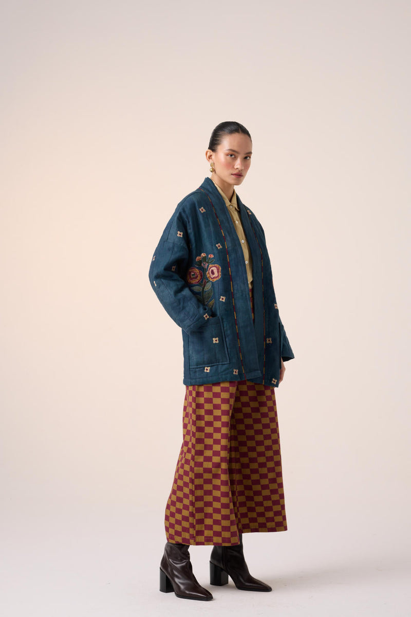 QUILTED FRONT OPEN JACKET-DARK BLUE FLOWER APPLIQUE by CORD for women Worldwide