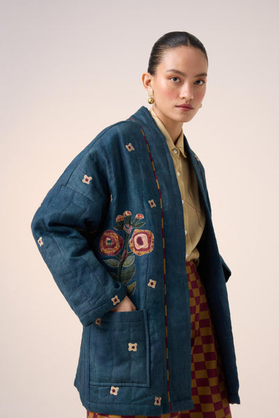 QUILTED FRONT OPEN JACKET-DARK BLUE FLOWER APPLIQUE