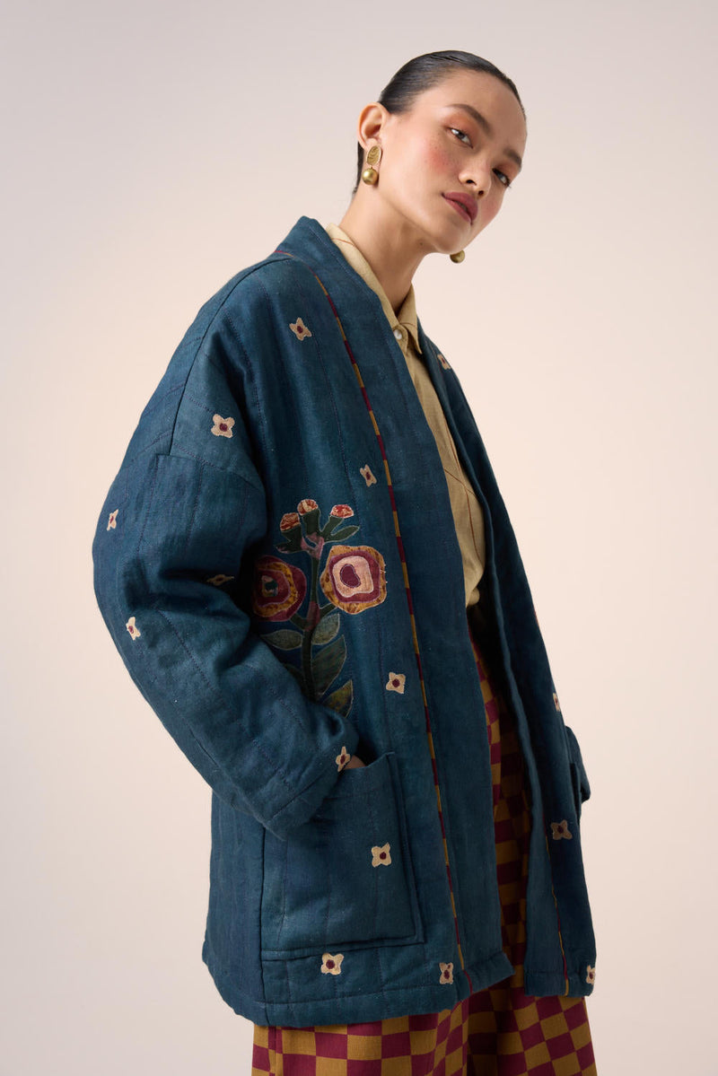 QUILTED FRONT OPEN JACKET-DARK BLUE FLOWER APPLIQUE by CORD for women Worldwide