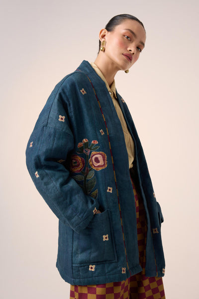 QUILTED FRONT OPEN JACKET-DARK BLUE FLOWER APPLIQUE