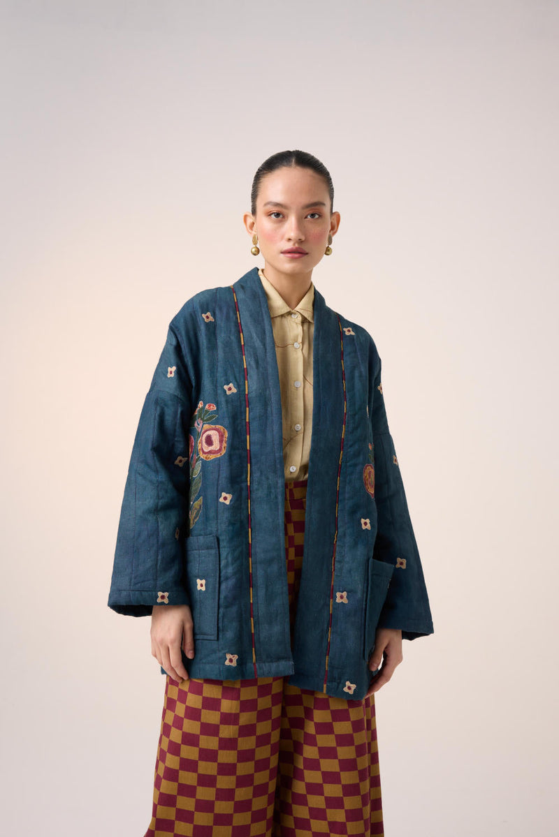 QUILTED FRONT OPEN JACKET-DARK BLUE FLOWER APPLIQUE by CORD for women Worldwide