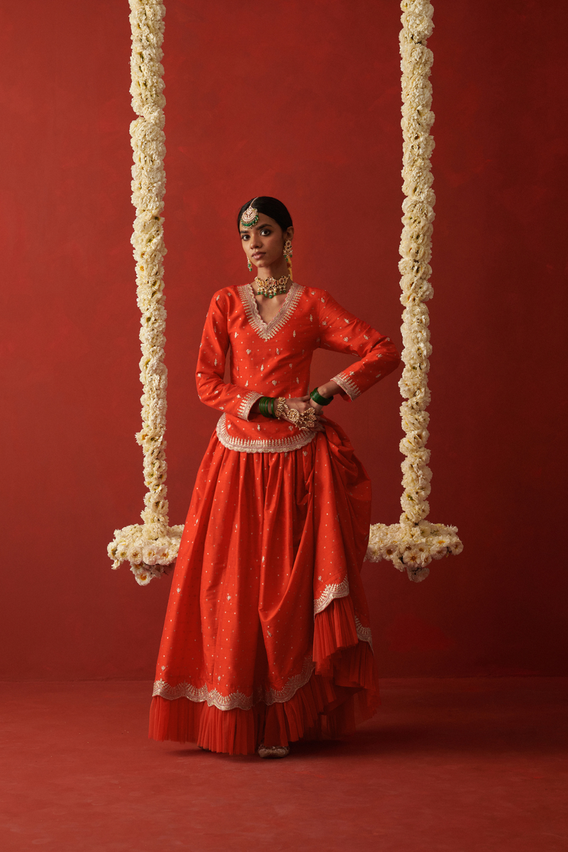 RAANISA & MAHIRA LEHENGA & BLOUSE silk by Rashika Mittal in orange color for women Worldwide