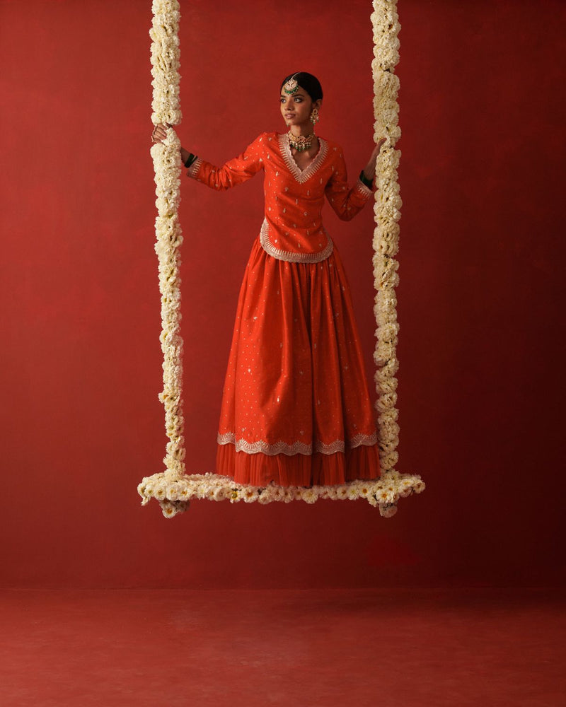 RAANISA & MAHIRA LEHENGA & BLOUSE silk by Rashika Mittal in orange color for women Worldwide