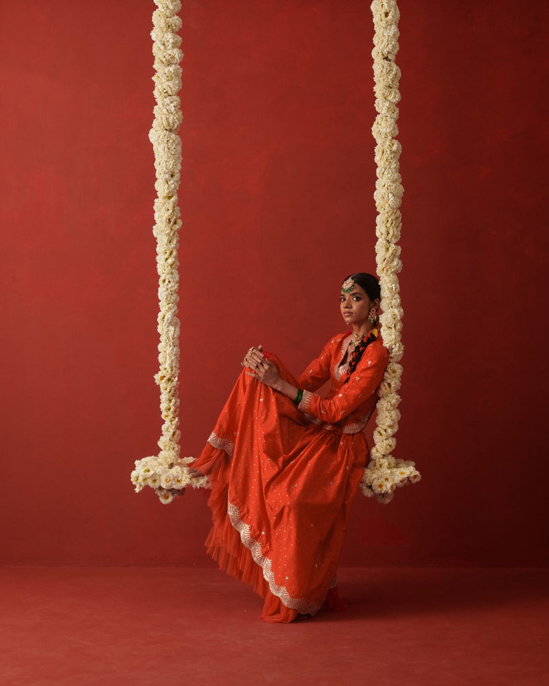 RAANISA & MAHIRA LEHENGA & BLOUSE silk by Rashika Mittal in orange color for women Worldwide