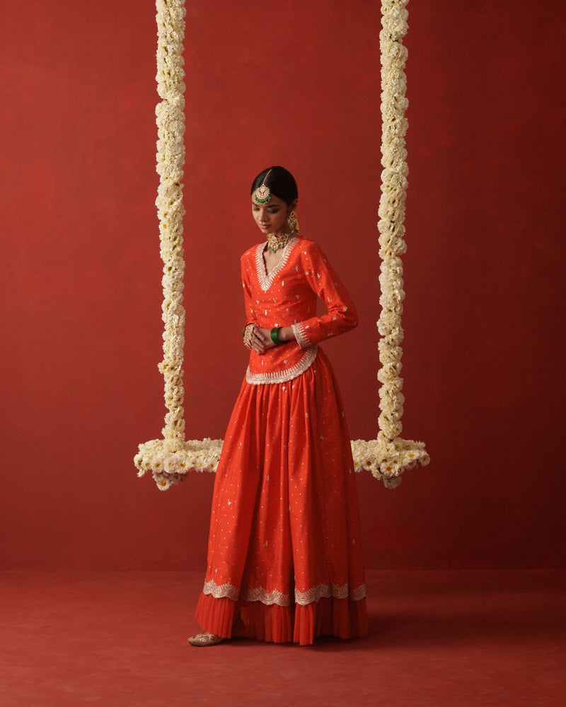 RAANISA & MAHIRA LEHENGA & BLOUSE silk by Rashika Mittal in orange color for women Worldwide