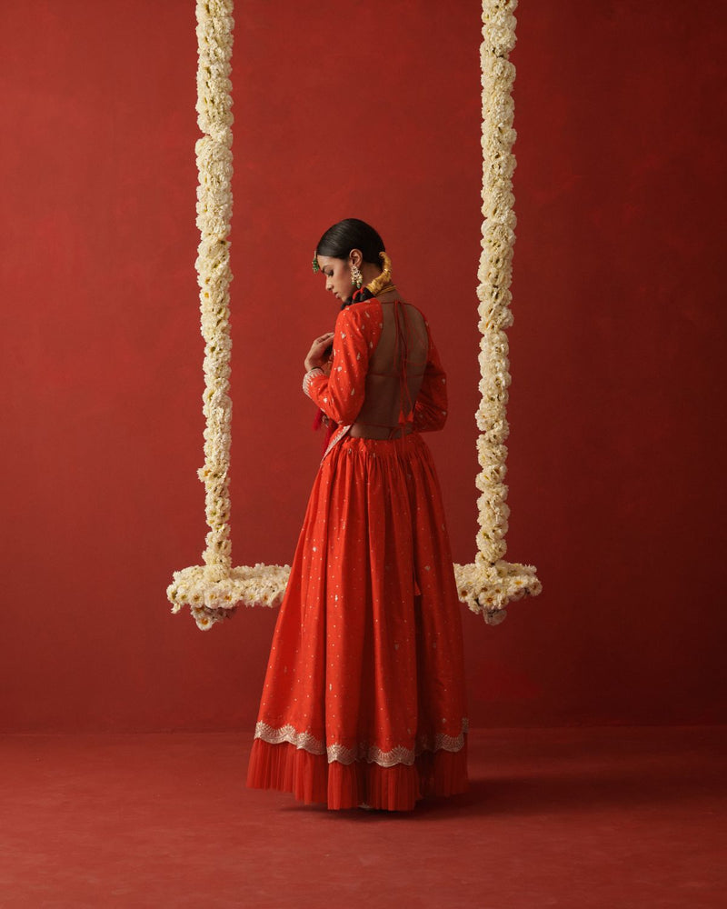 RAANISA & MAHIRA LEHENGA & BLOUSE silk by Rashika Mittal in orange color for women Worldwide