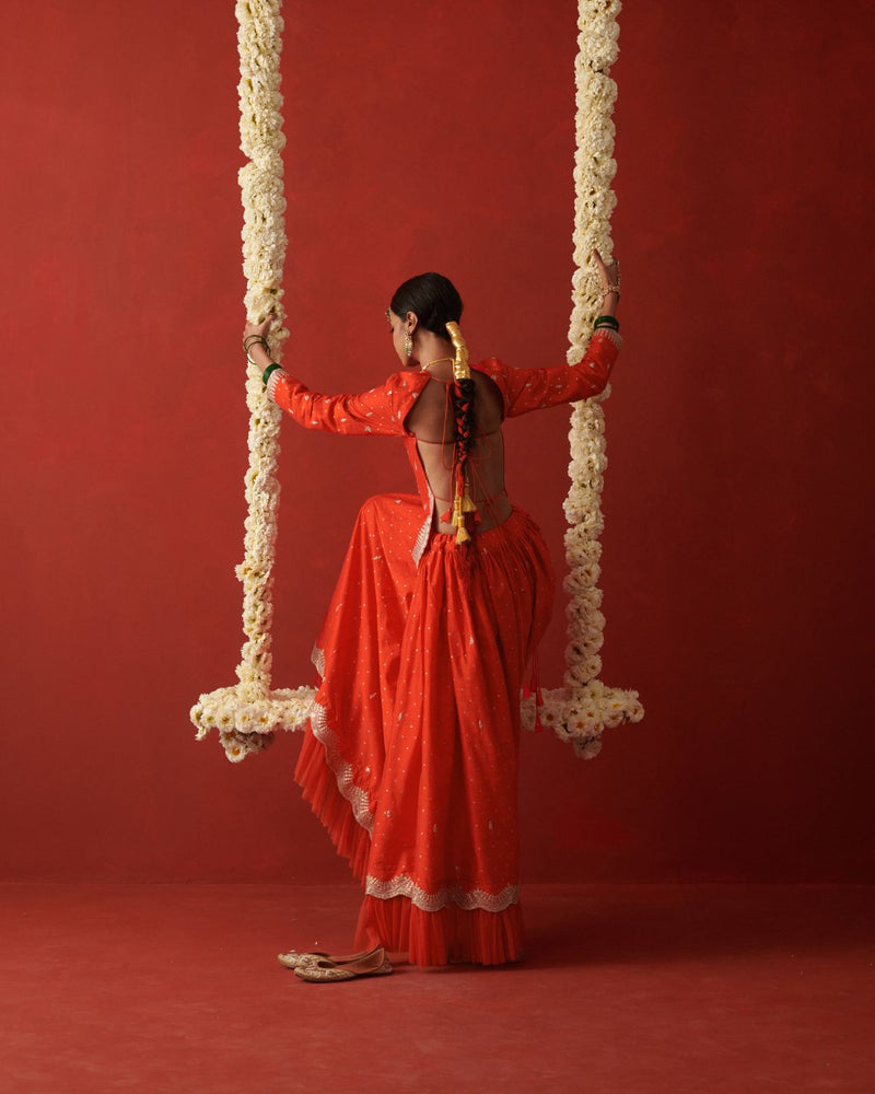 RAANISA & MAHIRA LEHENGA & BLOUSE silk by Rashika Mittal in orange color for women Worldwide