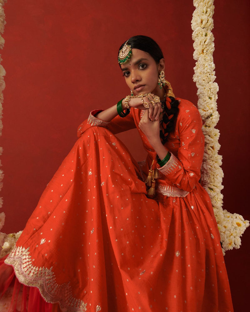 RAANISA & MAHIRA LEHENGA & BLOUSE silk by Rashika Mittal in orange color for women Worldwide