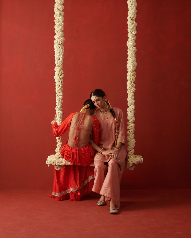 RAANISA & MAHIRA LEHENGA & BLOUSE silk by Rashika Mittal in orange color for women Worldwide