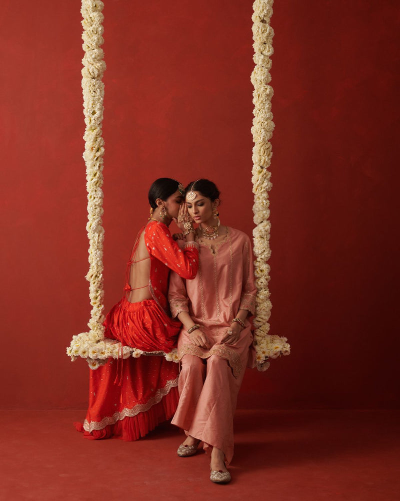 RAANISA & MAHIRA LEHENGA & BLOUSE silk by Rashika Mittal in orange color for women Worldwide