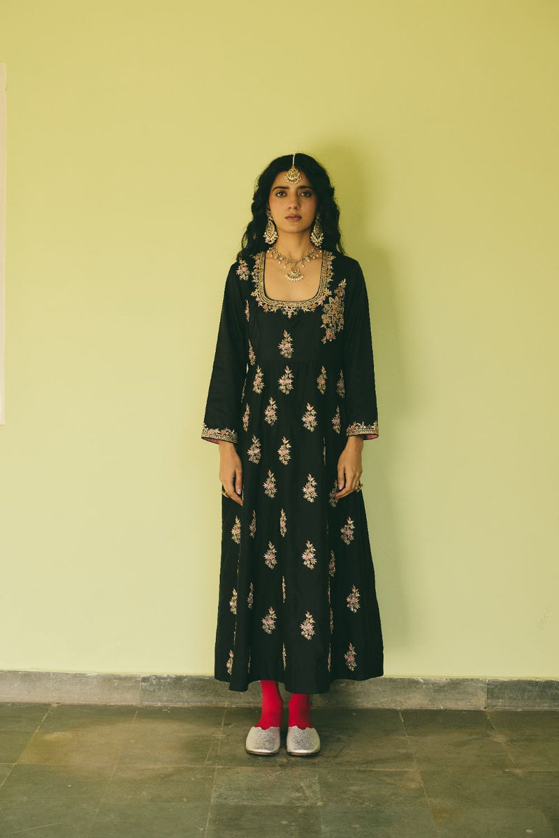 RAFIA ANARKALI silk by Rashika Mittal in black color for women Worldwide