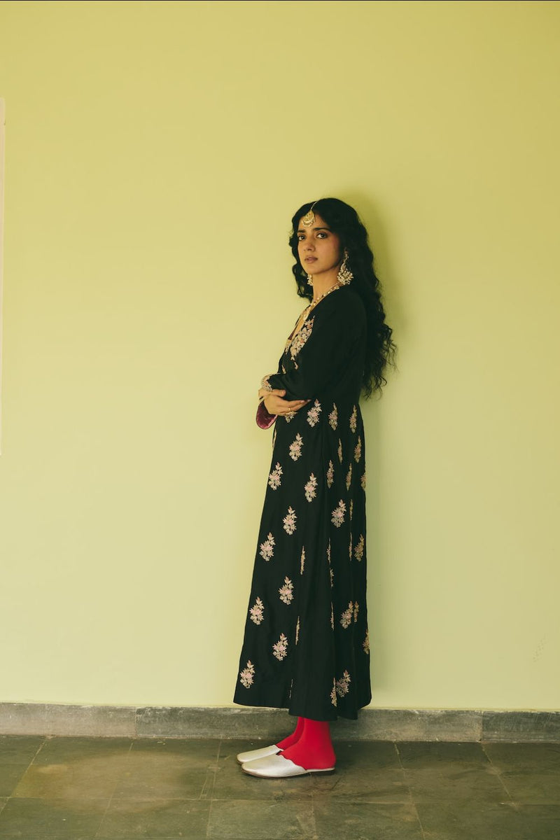 RAFIA ANARKALI silk by Rashika Mittal in black color for women Worldwide