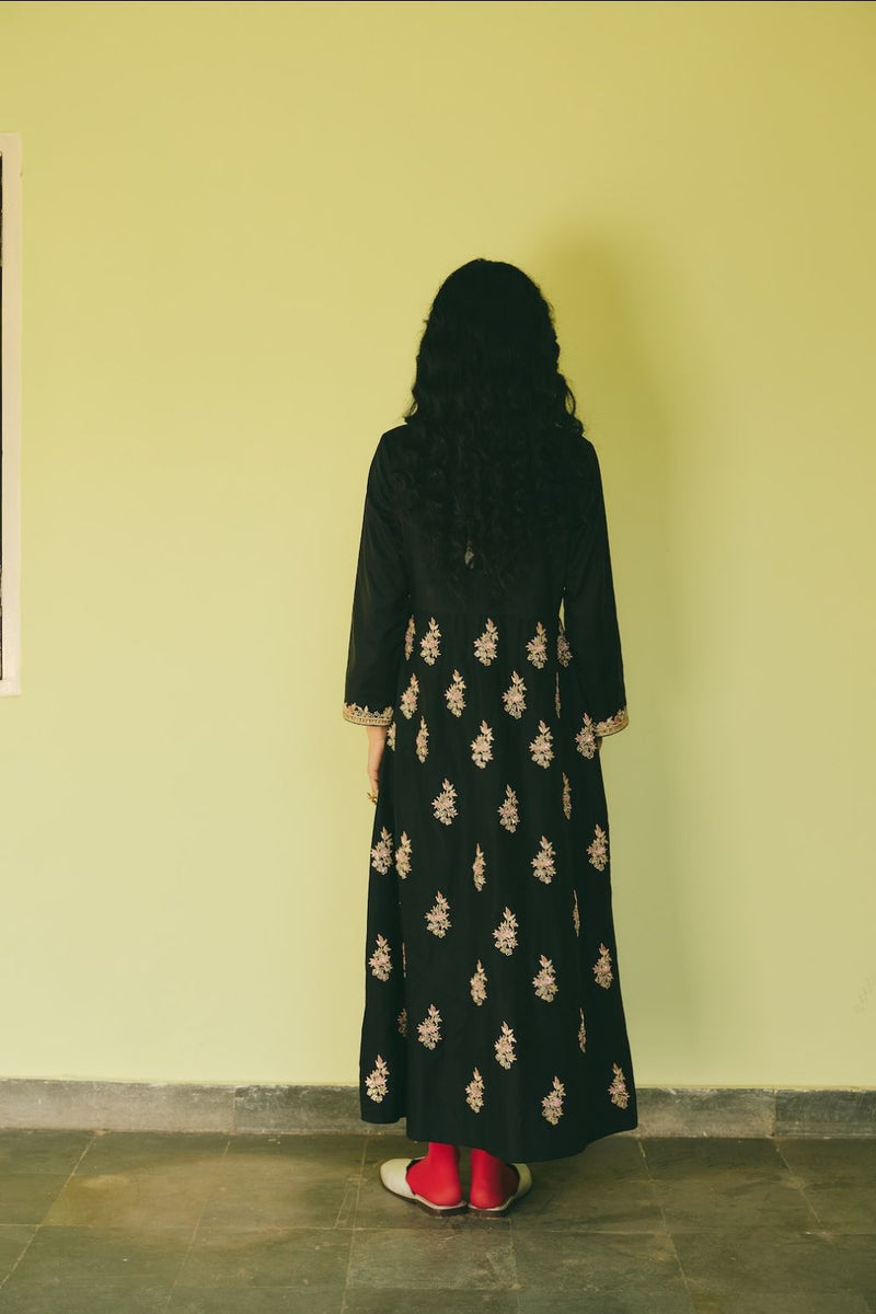 RAFIA ANARKALI silk by Rashika Mittal in black color for women Worldwide