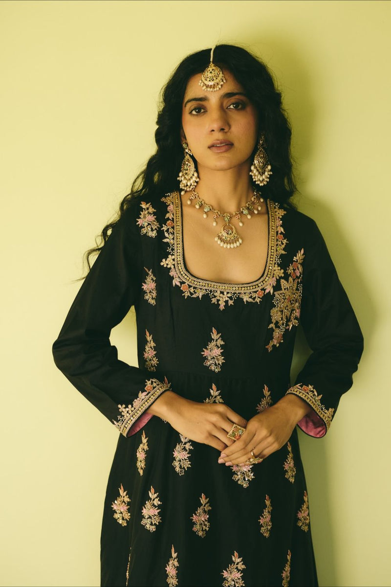 RAFIA ANARKALI silk by Rashika Mittal in black color for women Worldwide