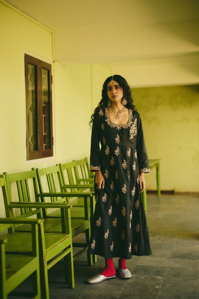 RAFIA ANARKALI silk by Rashika Mittal in black color for women Worldwide