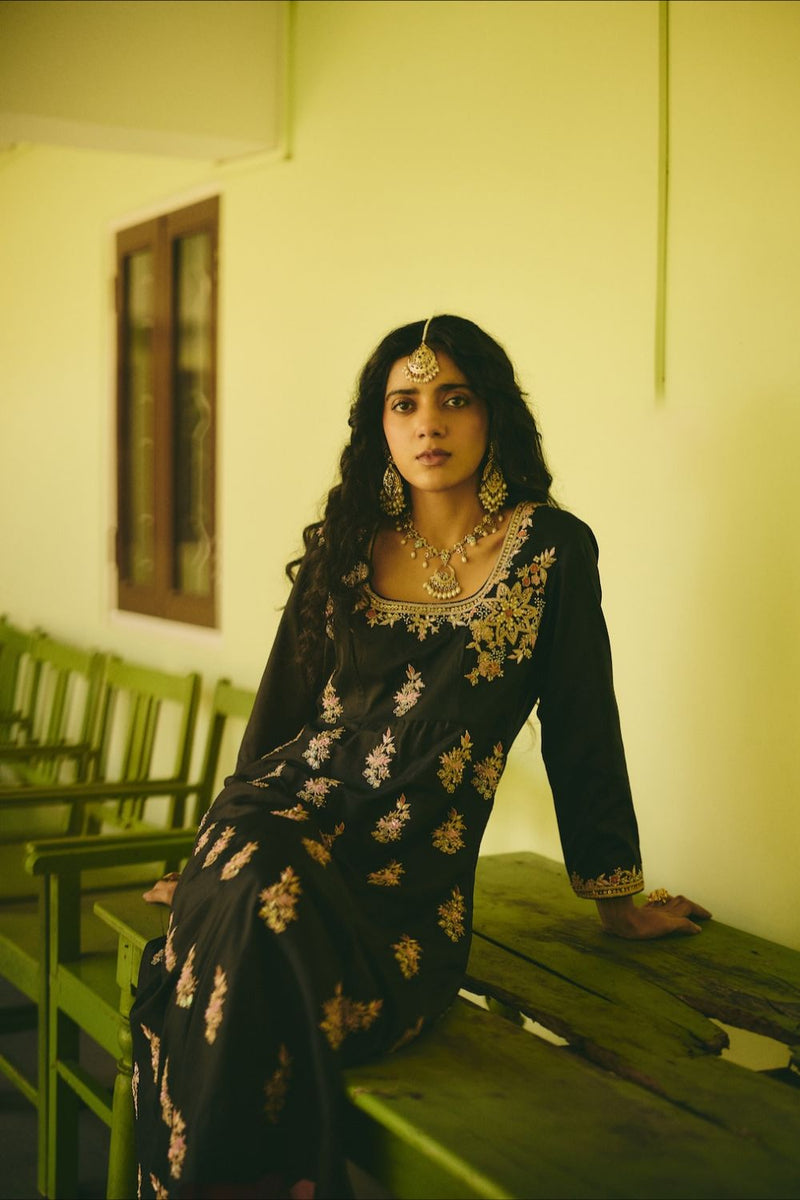 RAFIA ANARKALI silk by Rashika Mittal in black color for women Worldwide
