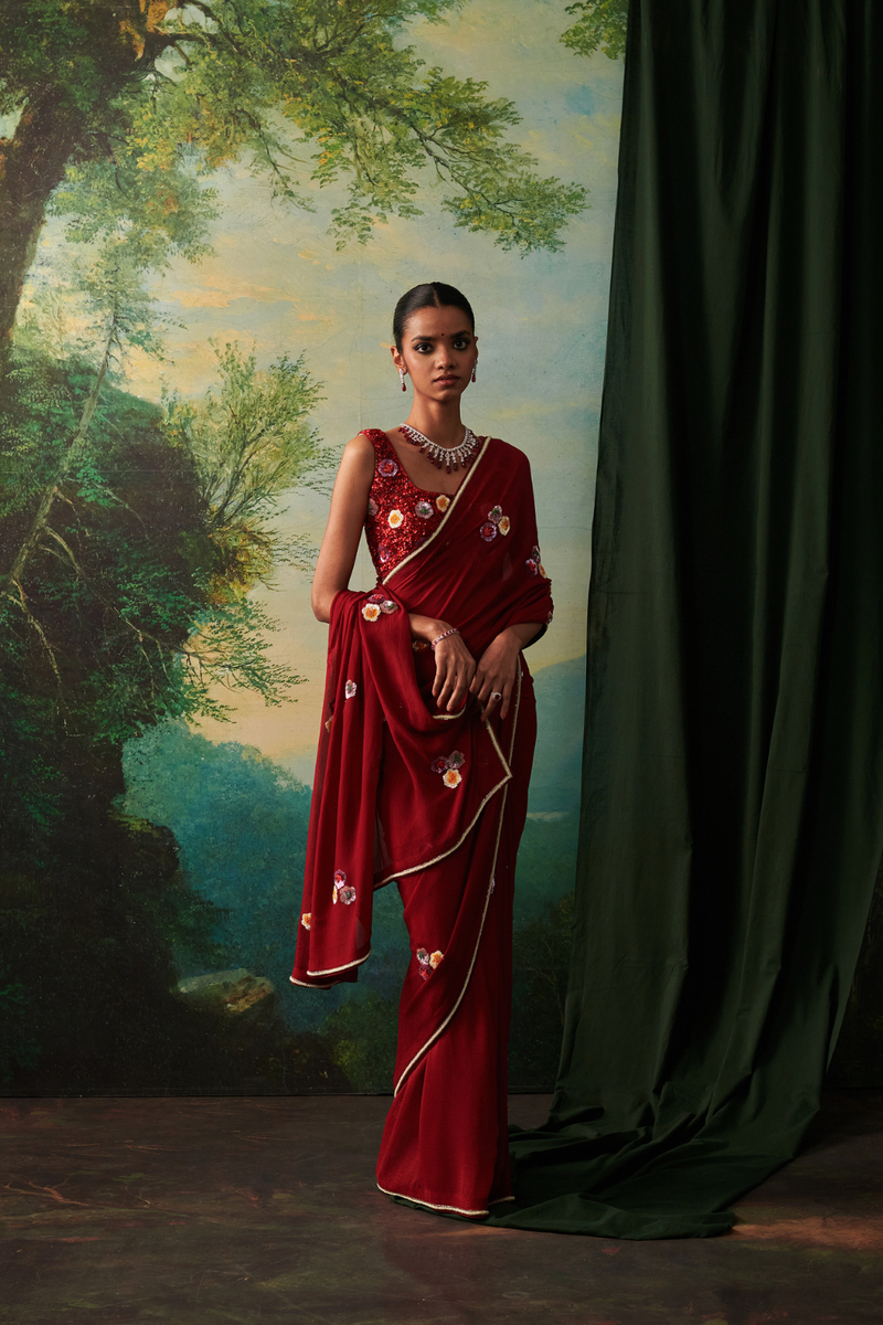 RANGREZ SAREE chiffon by Rashika Mittal in red color for women Worldwide