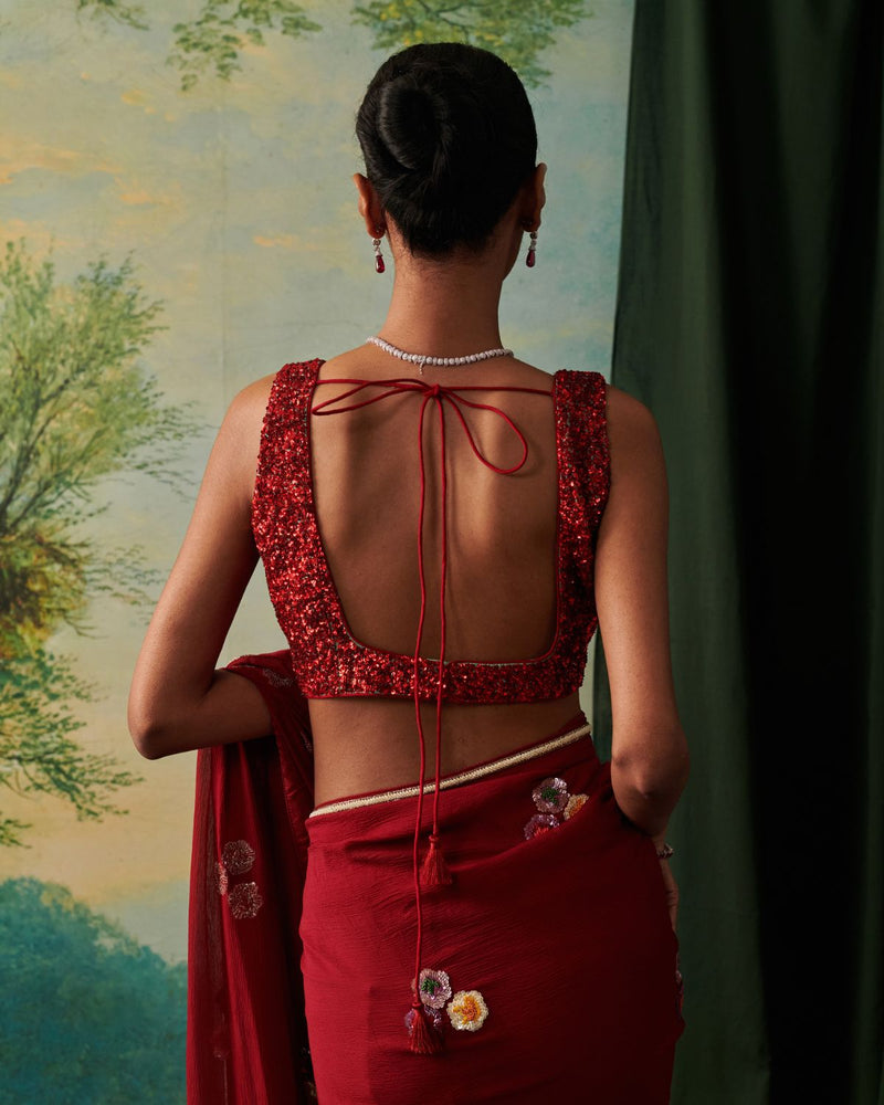 RANGREZ SAREE chiffon by Rashika Mittal in red color for women Worldwide