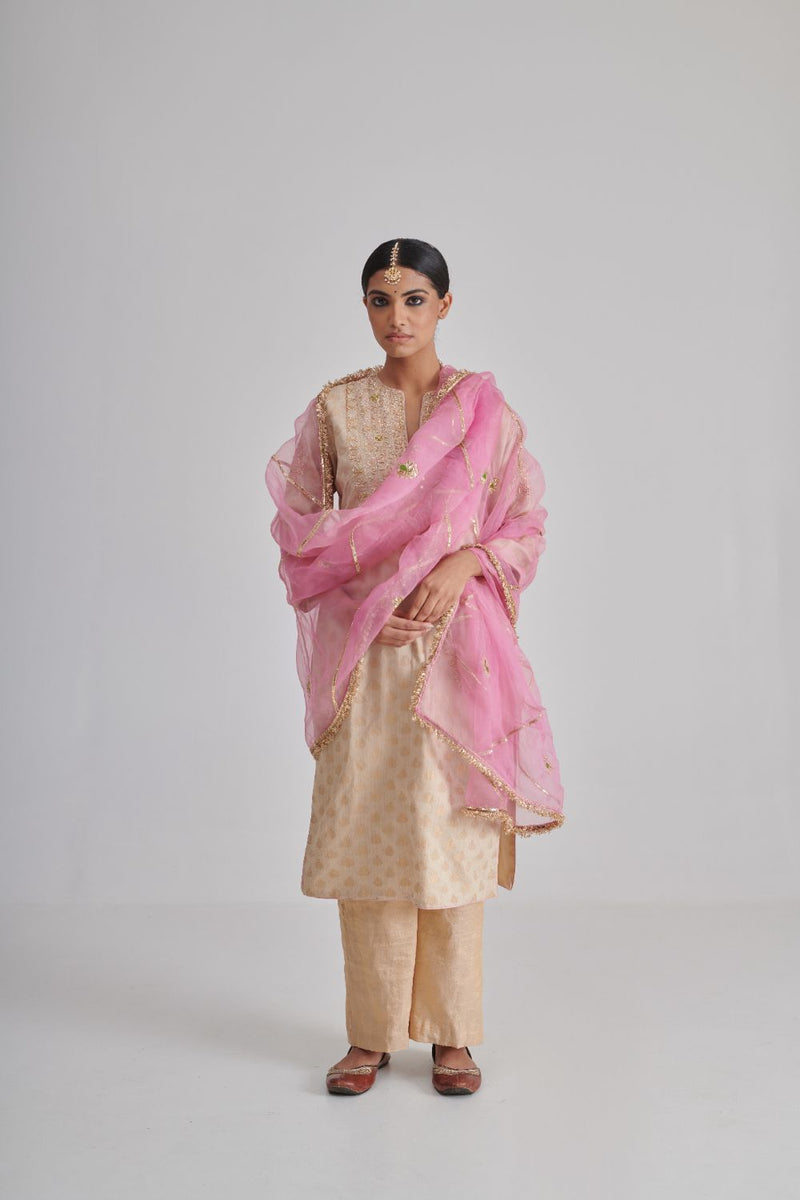 RANGREZ & ALIZA KURTA & PANT silk by Rashika Mittal in gold color for women Worldwide