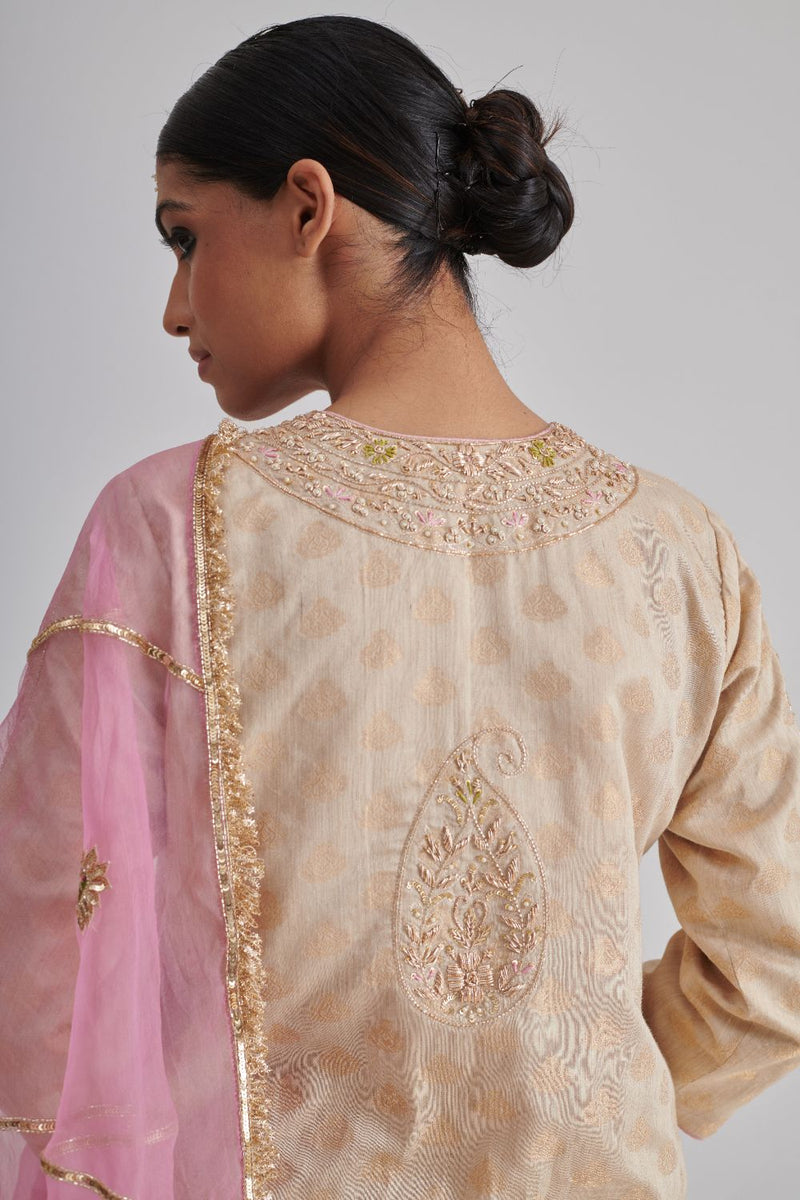 RANGREZ & ALIZA KURTA & PANT silk by Rashika Mittal in gold color for women Worldwide