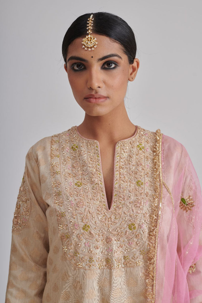 RANGREZ & ALIZA KURTA & PANT silk by Rashika Mittal in gold color for women Worldwide