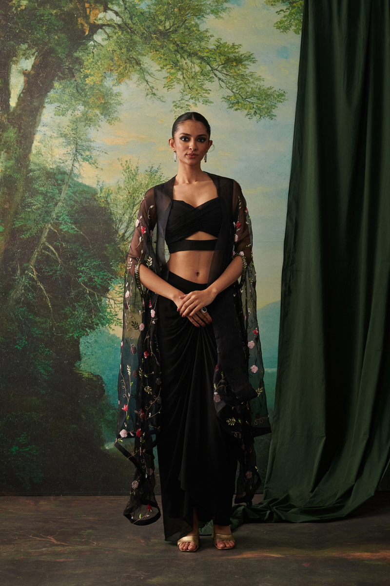 RANG, SASHA & TASHA CO-ORD SET silk by Rashika Mittal in black color for women Worldwide
