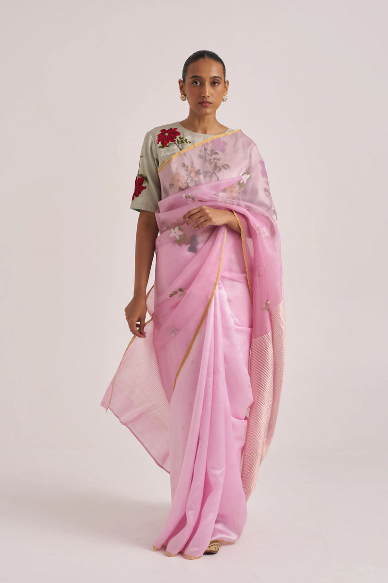 Ravya Sari-Pink handwoven mulberry silk and organza silk by Suparna Som in pink for women Worldwide