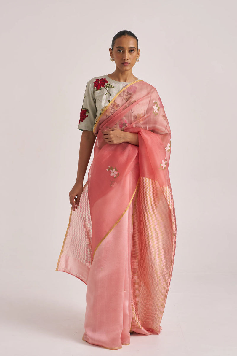 Ravya Sari-Rust handwoven mulberry silk and organza silk by Suparna Som in rust for women Worldwide