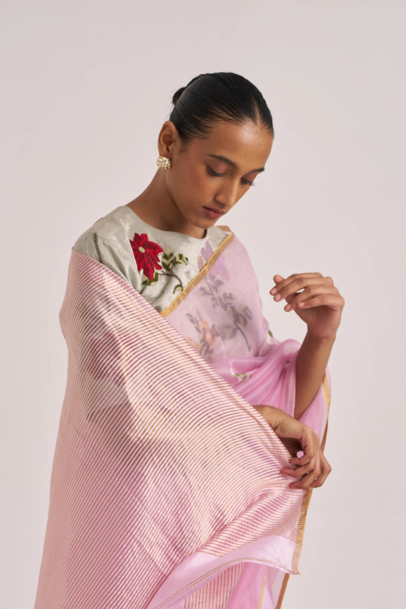 Ravya Sari-Pink handwoven mulberry silk and organza silk by Suparna Som in pink for women Worldwide